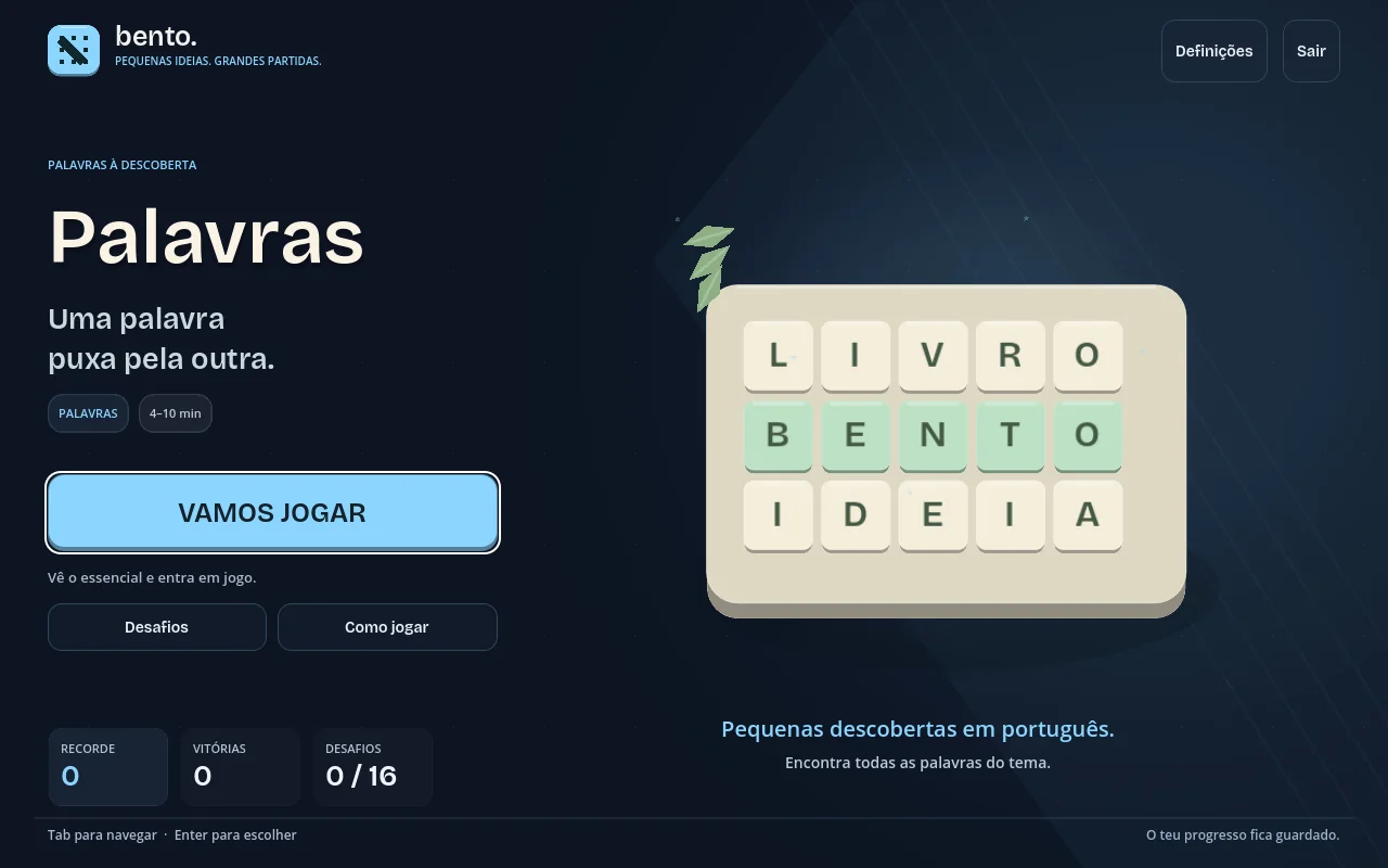 Ecrã inicial de Bento Palavras